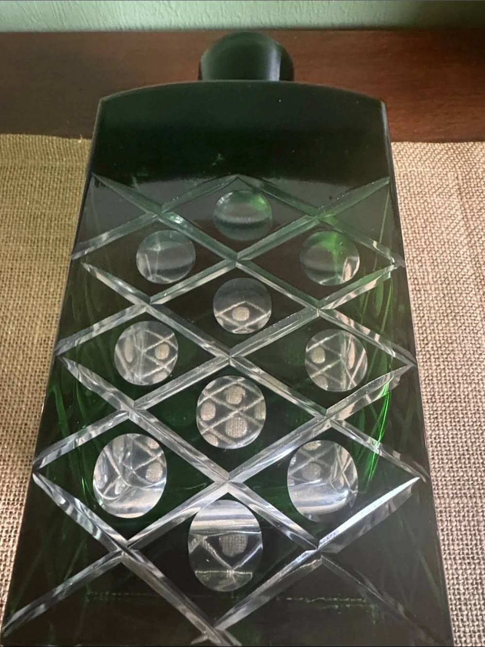 World Market Green Cut Glass Decanter Square Stopper MCM Style Barware”
